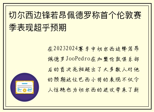 切尔西边锋若昂佩德罗称首个伦敦赛季表现超乎预期